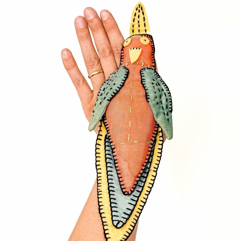 Vintage Folk Art Bird Finger Pincushion Hand Stitched Primitive Sewing